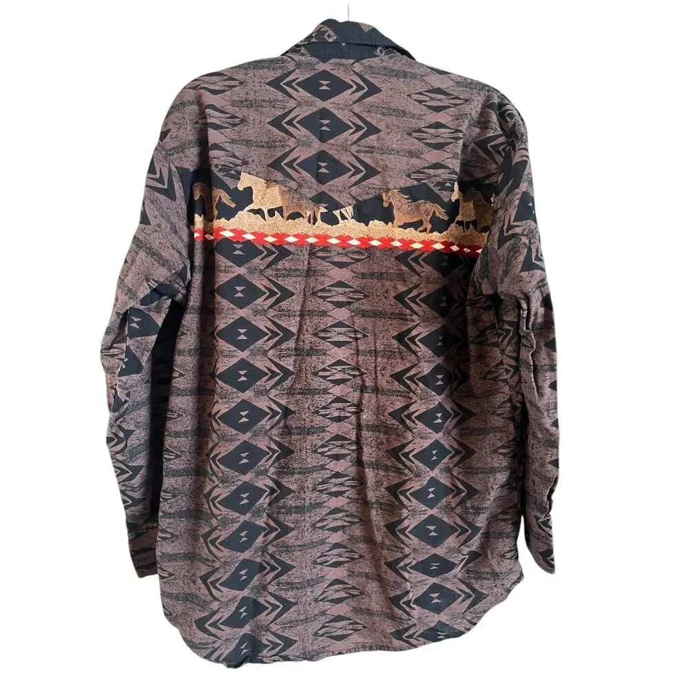 VINTAGE Moda Tech Western Shirt Mens XL Aztec Southwestern Horses Rodeo - Picture 5 of 7